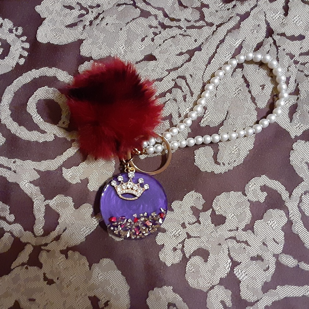 Keychain Custom Made with Puffy Pom Pom & Detachable Faux Pearls